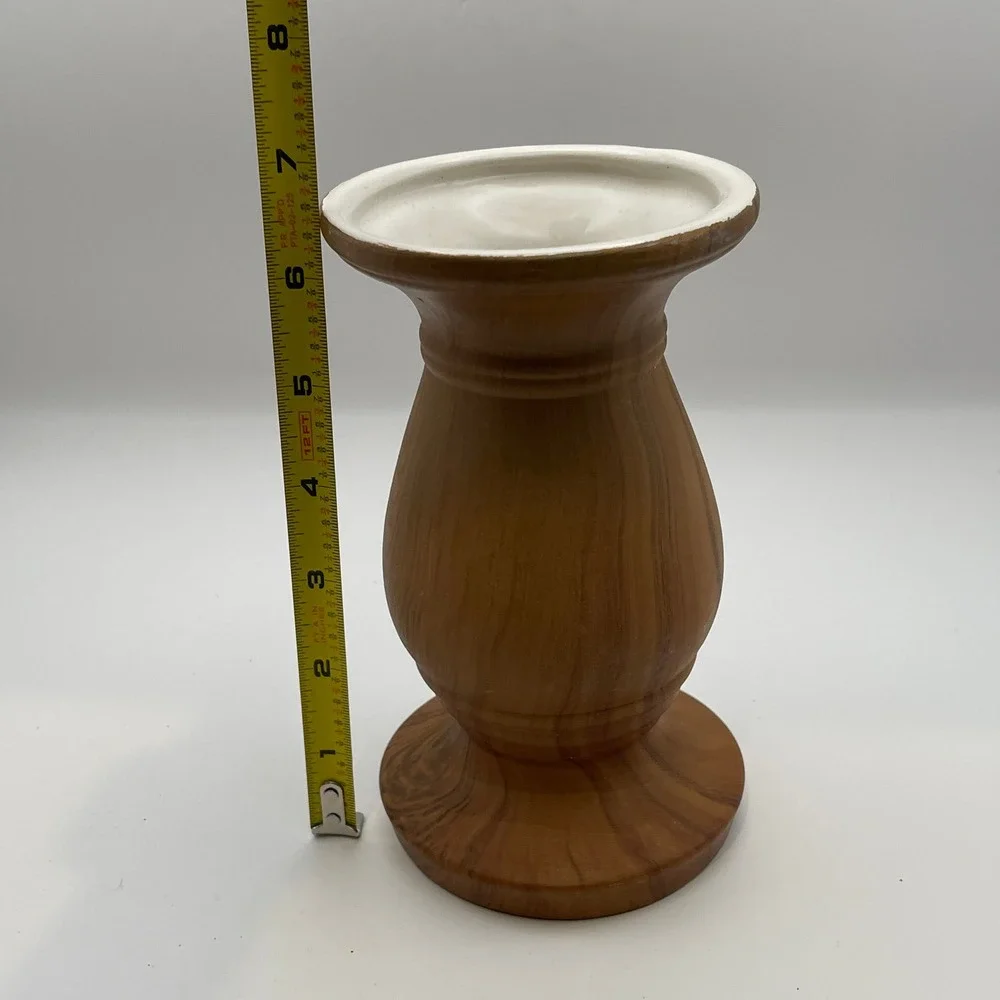 Rustic Ceramic Faux Wood Grain Urn Vase Candle Holder Brown White 7 Inch Decor